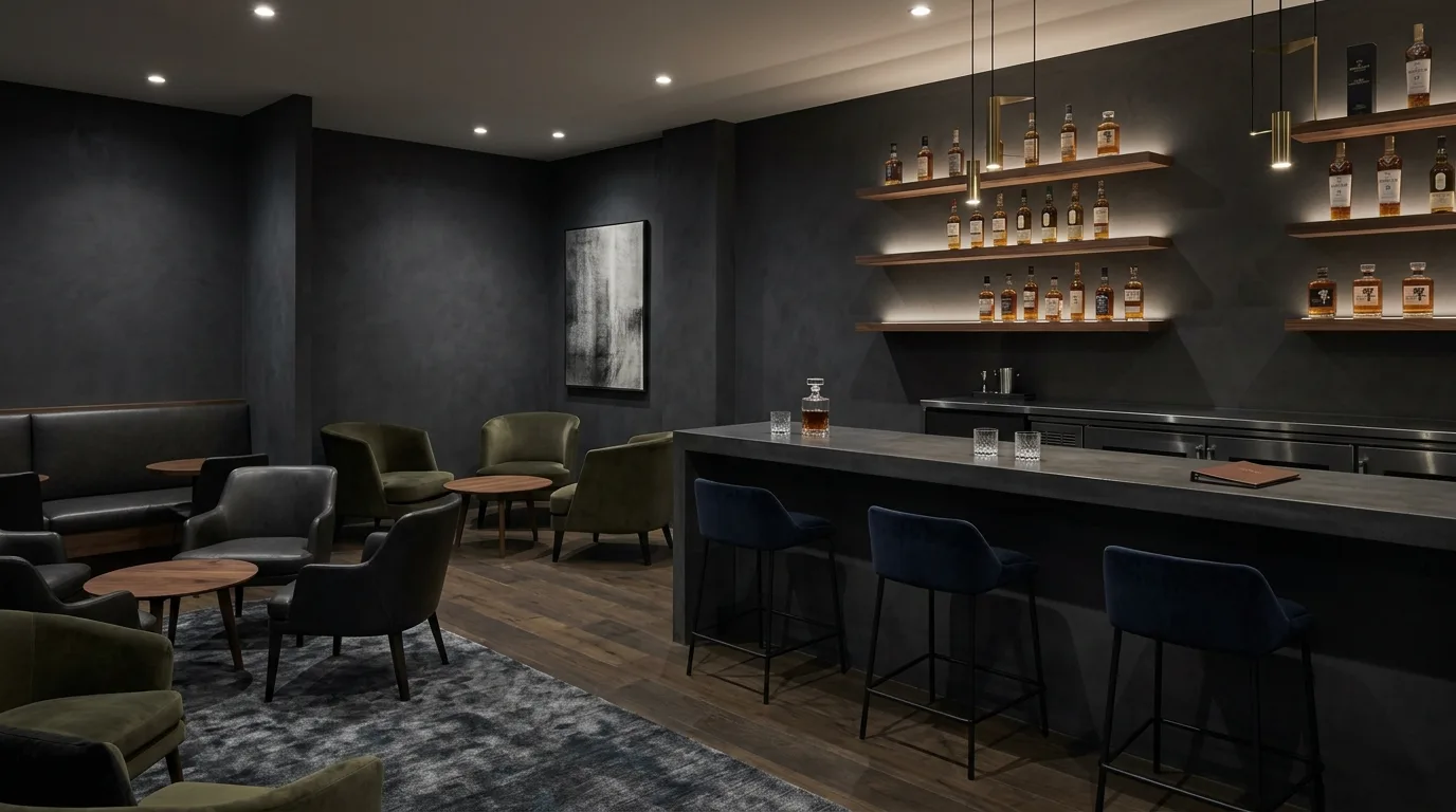 Keep the color palette moody but controlled inspiration for a home whiskey lounge.